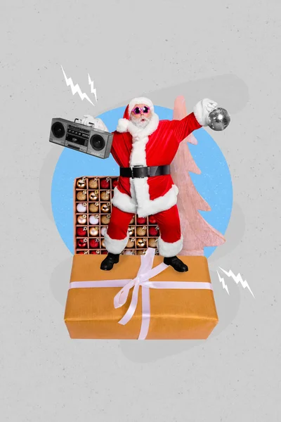 Ekskluzywny Magazyn Obraz Szkic Kolaż Obraz Fajny Funky Santa Claus — Zdjęcie stockowe
