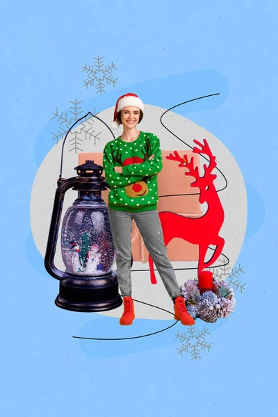コラージュ アートワークグラフィック ピクチャのクリスマス サンタ クラス アシスタント アームズ折り畳まれた孤立した絵画の背景 — ストック写真
