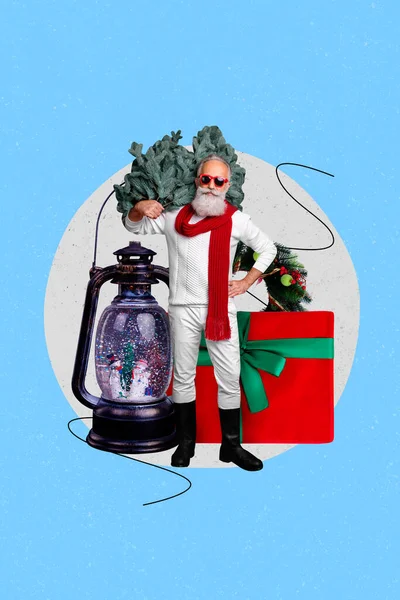 Collage 3d image of pinup pop retro sketch of cool santa claus holding xmas pine fir isolated painting background.