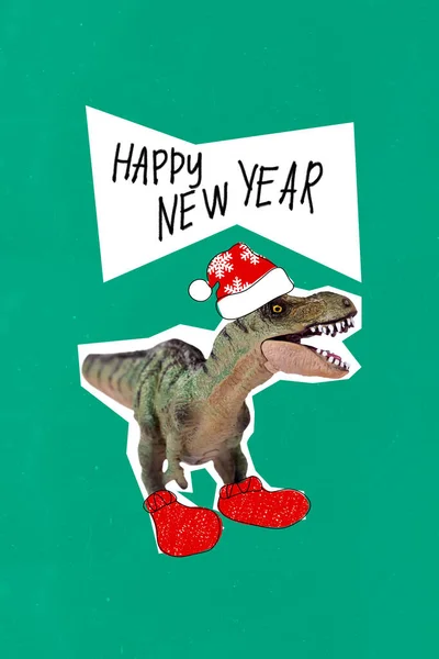 Collage Vertical Dinosaurio Santa Headwear Rugir Feliz Año Nuevo Aislado —  Fotos de Stock
