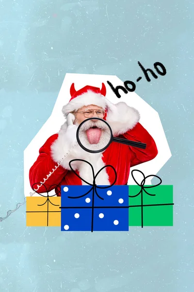 Vertical Collage Picture Careless Hipster Devil Santa Magnifier Loupe Zoom — Stock Photo, Image