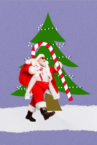 Collage Kunstwerk Grafiken Bild Von Lächelnd Aufgeregt Weihnachtsmann Fuß Weihnachten — Stockfoto