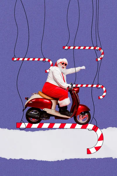 Колаж Зображення Пікапа Поп Ретро Ескіз Поспішаючи Санта Їзда Мопед — стокове фото