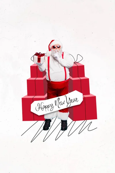 Collage Ilustraciones Gráficos Imagen Funky Santa Claus Dedo Boca Pidiendo —  Fotos de Stock