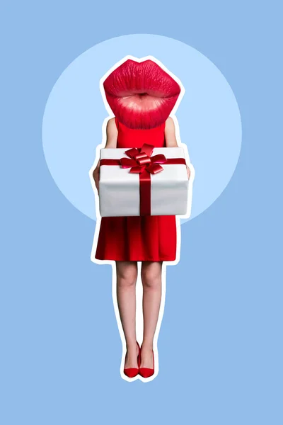 Vertikale Collage Bild Von Mädchen Arme Halten Geschenkbox Große Rote — Stockfoto