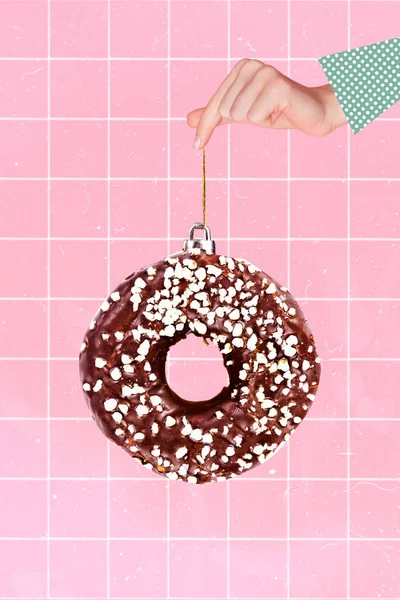 Foto Collage Kunstwerk Minimales Bild Von Arm Hält Mas Donut — Stockfoto