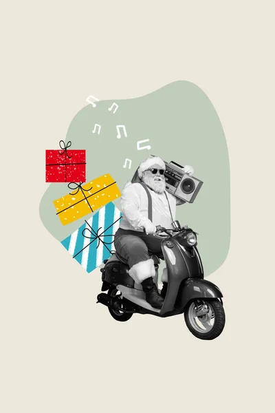Vertikalt Collage Glada Santa Svart Vit Gamma Körning Moped Cykel — Stockfoto