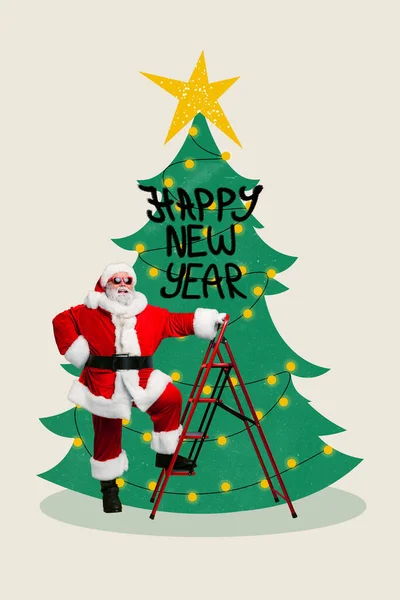Vertical Collage Illustration Funky Santa Climb Ladder Decorate Prepare Newyear — Stock Photo, Image