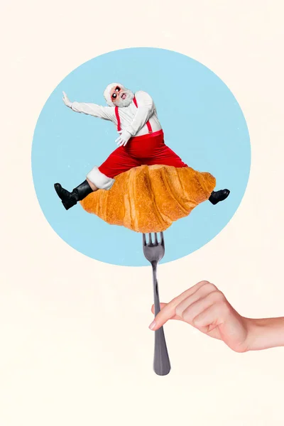 Imagen Collage Vertical Tenedor Brazo Mini Excitado Santa Sit Croissant —  Fotos de Stock