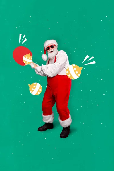 Vertikale Collage Bild Von Aufgeregten Funky Santa Hände Halten Tischtennisschläger — Stockfoto