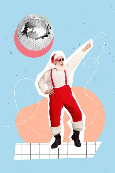 Pionowe Kolaż Obraz Podekscytowany Overjoyed Santa Punkt Palec Taniec Clubbing — Zdjęcie stockowe