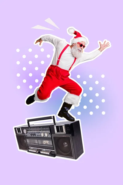 Vertical Collage Picture Crazy Funky Mini Aged Santa Running Big — Stock Photo, Image