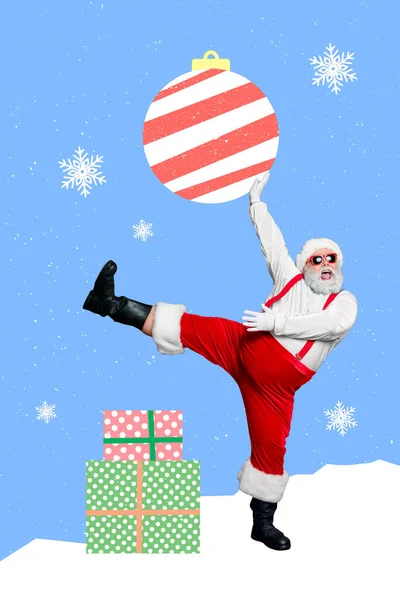 Коллаж Графика Картинка Фанки Улыбающийся Санта Клаус Играет Большой Шар — стоковое фото