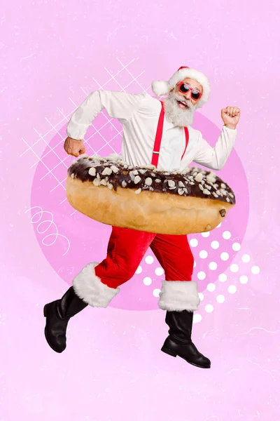 Colagem Vertical Feliz Positivo Papai Noel Enorme Donut Cintura Correndo — Fotografia de Stock