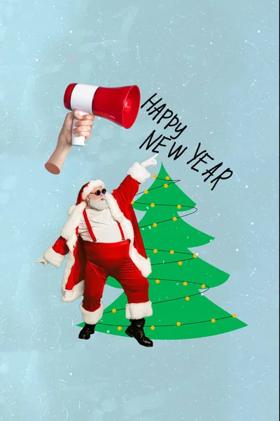Imagem Colagem Vertical Braço Segurar Alto Falante Mini Funky Santa — Fotografia de Stock