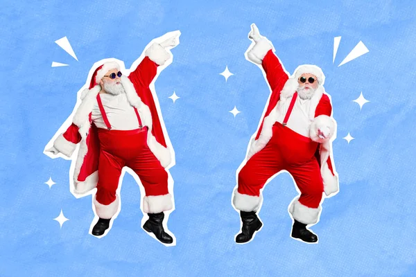 創造的なレトロな3D雑誌のコラージュイメージのファンキーな2人のサンタダンスクリスマスダンス孤立した絵画の背景 — ストック写真