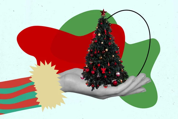 Colagem Foto Banner Mão Segurar Decorado Bugigangas Miniatura Árvore Natal — Fotografia de Stock