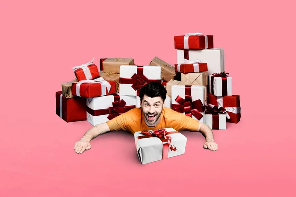 Creative photo 3d collage postcard poster brochure greeting card of positive man lying under lot of gifts isolated on painting background.
