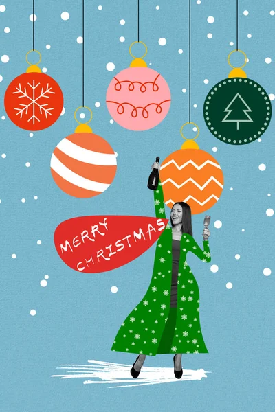 Collage picture excited lady wear green coat hold glass bottle champagne cheers merry xmas isolated on painted blue background near hanging baubles.