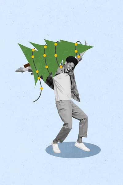 创意照片3D拼贴艺术明信片海报海报疯狂男人抱着树带回家准备活动孤立的绘画背景 — 图库照片