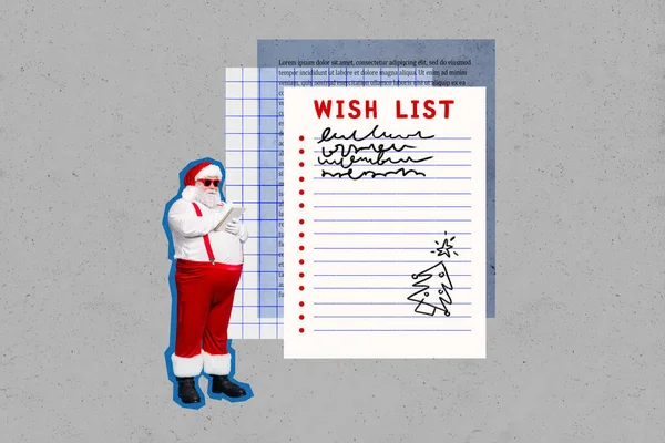 Δημιουργική Εικόνα Κολάζ Του Μίνι Funky Santa Claus Κρατήστε Σημειωματάριο — Φωτογραφία Αρχείου