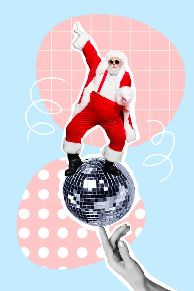 Banner brochure collage of fat funny santa claus sanding on glitter glowing disco ball dance christmas event.