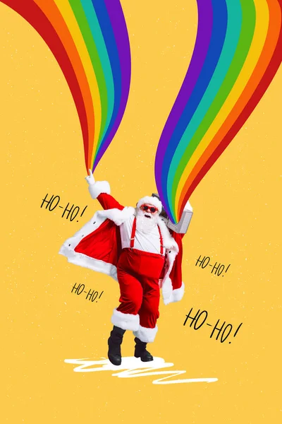 Boże Narodzenie Collage Zabawny Tłuszcz Santa Claus Słuchać Wesołych Piosenek — Zdjęcie stockowe