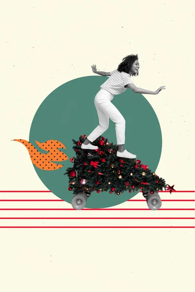 Collage Foto Van Jonge Actieve Dame Skater Grote Versiering Dennenboom — Stockfoto