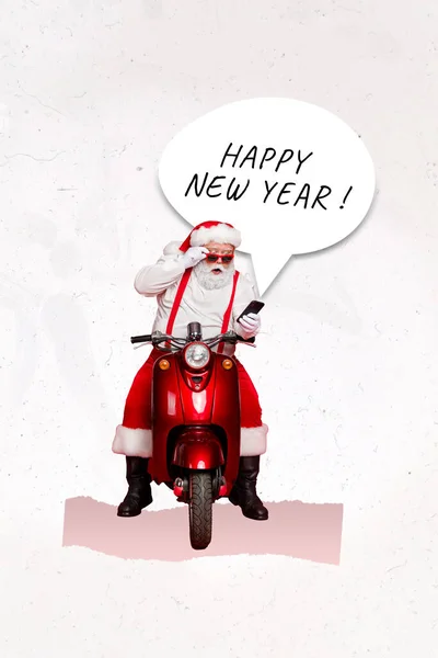 Folleto Navidad Collage Divertido Funky Santa Claus Drive Moto Entregar —  Fotos de Stock