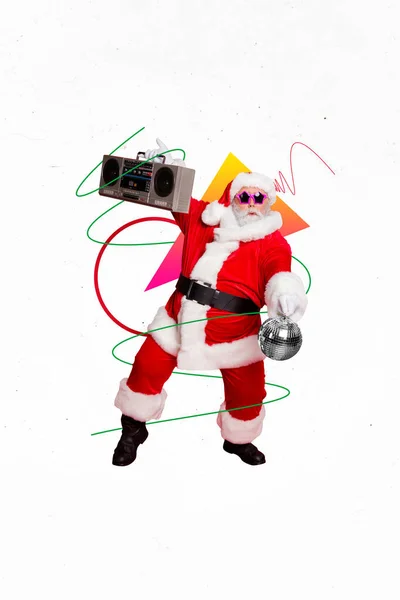 Kreatív Banner Kollázs Őrült Karácsonyi Animátor Mikulás Tartsa Discoball Boom — Stock Fotó