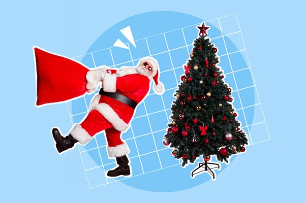 New year brochure collage of funny north pole santa claus carry heavy sack gifts on christmas eve blue color background.