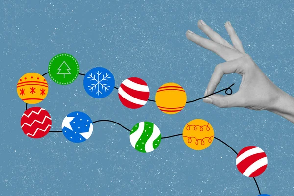 Jul Banner Collage Människor Hand Hålla Festliga Tinsels Hänga Vägg — Stockfoto