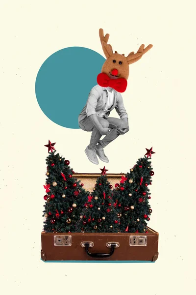 Collage Foto Poster Von Kopf Rentier Kerl Springen Magischen Koffer — Stockfoto