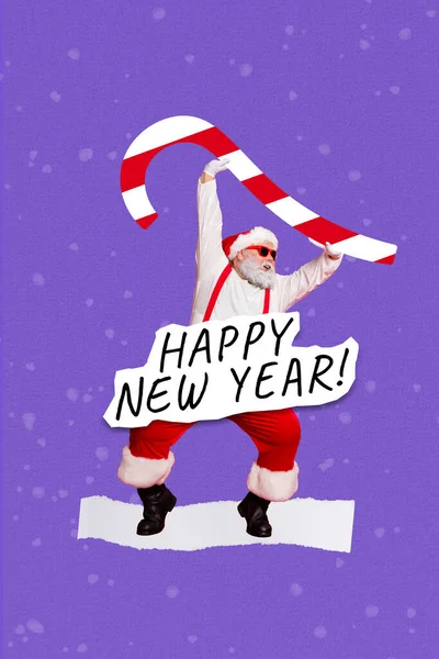 圣诞广告小册子拼贴与时髦的桑塔爪举起美味的糖果手杖恭贺新年快乐 — 图库照片