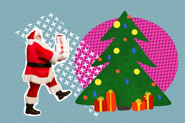 Collage Poster Von Alten Nikoläusen Bringen Stapel Neujahrsgeschenke Vorbereitung Weihnachtsbaum — Stockfoto