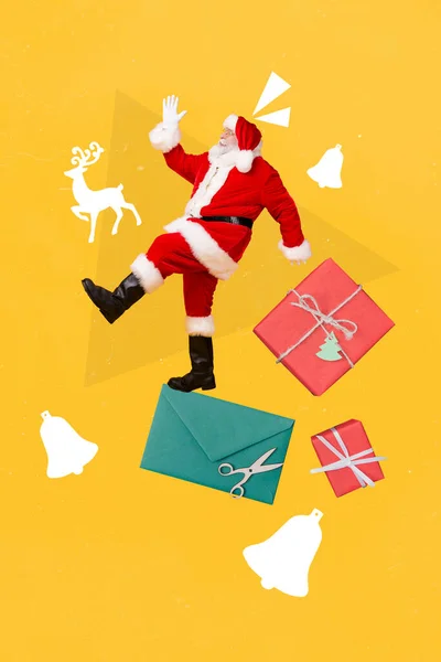 Colagem Foto Idosos Funky Gordura Santa Claus Usar Traje Vermelho — Fotografia de Stock