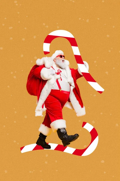 Christmas poster collage of funny saint nicholas deliver many wish gifts sack sugar yummy candy cane on yellow color background.