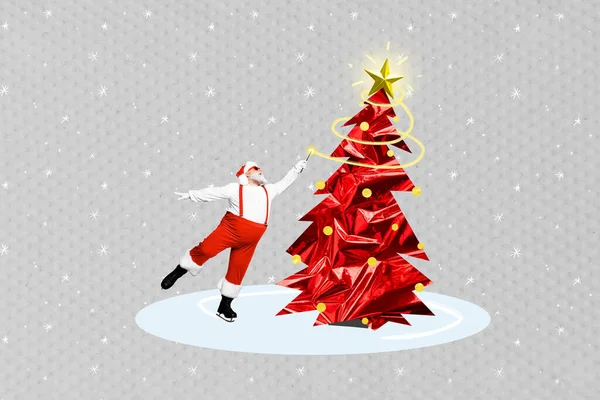 Коллаж Картины Смешной Прохладный Санта Клаус Ездить Лезвиях Замороженном Льду — стоковое фото