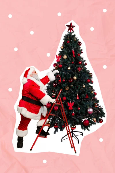 Festive new year brochure collage of santa claus climb ladder prepare christmas pine tree on pink color background.