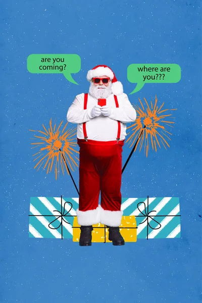 Collage photo banner of old grandfather wear red santa costume nice sunglass hold phone get orders xmas messages isolated on blue color background.