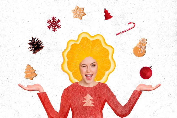 Collage Foto Mujer Joven Diadema Naranja Rebanada Fruta Malabarismo Navidad —  Fotos de Stock