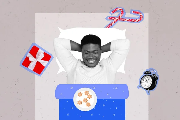 Collage Φωτογραφία Του Νεαρού Χαμογελαστού Θετικού Άντρα Σπίτι Ύπνο Chill — Φωτογραφία Αρχείου