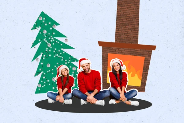 Collage photo full family trio people chilling near fireplace wear same clothes nice santa claus hat enjoy winter time near fir tree isolated indoors.
