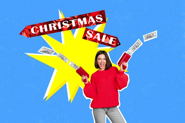 Creative collage image of overjoyed excited girl hold money gun shooting banknotes bills christmas sale.
