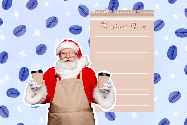 高齢者陽気なサンタの手の創造的なコラージュ写真は コーヒーマグカップクリスマスメニューの紙のリストを保持している絵の背景に隔離 — ストック写真
