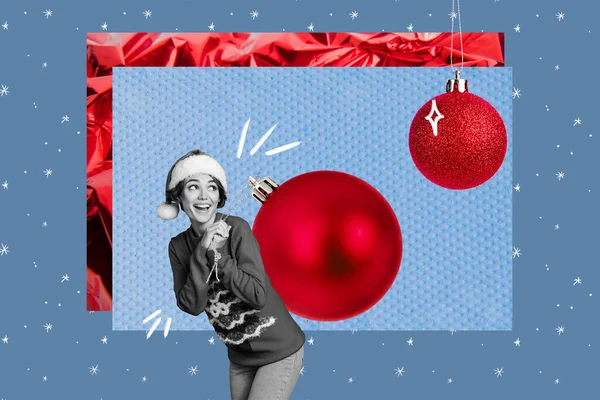 Collage picture of excited funky black white gamma girl hands hold carry big xmas tree toys ball isolated on creative background.
