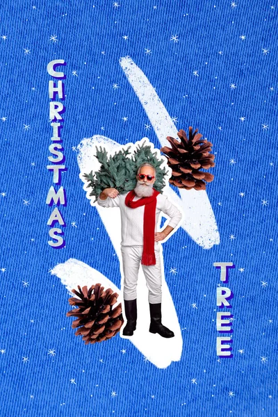 ファンキーな祖父の垂直コラージュ写真は創造的な背景に隔離された雪片を描いたクリスマスツリーを保持します — ストック写真