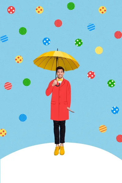 Christmas Collage Postcard Funny Man Hold Umbrella Protect Snow Decoration — Stock Photo, Image