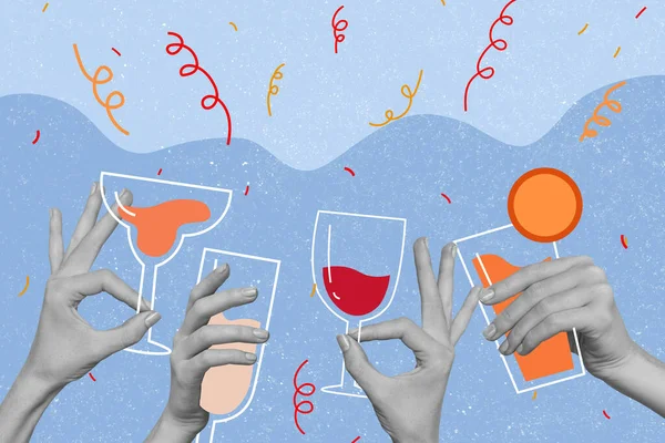 Colagem Ano Novo Mãos Pessoas Que Mantêm Bebidas Clinking Celebram — Fotografia de Stock