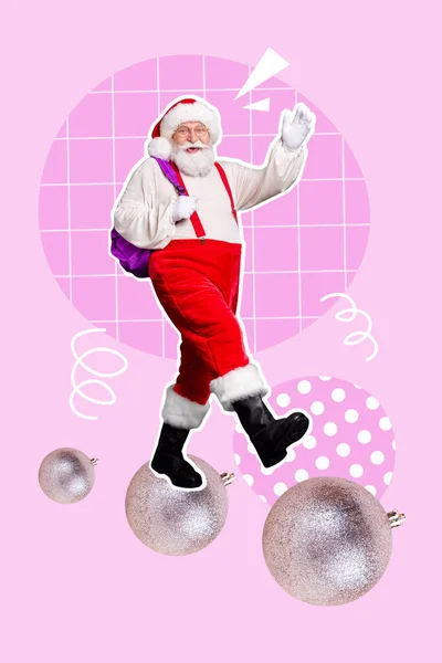 Sztandar Choinkowy Kolaż Funky Santa Claus Spacer Bieguna Północnego Dzieci — Zdjęcie stockowe